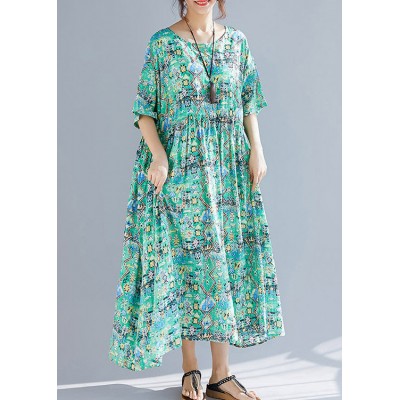 Organic green print linen Wardrobes Vintage design o neck Cinched Robe Summer Dresses