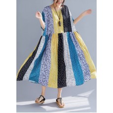 Elegant multicolor cotton dresses plus size Sewing o neck patchwork Kaftan Summer Dresses