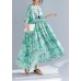 Organic green print linen Wardrobes Vintage design o neck Cinched Robe Summer Dresses