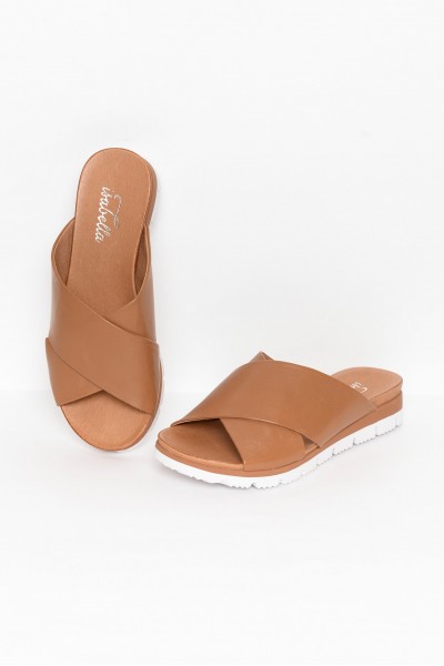 Loui Tan Leather Cross Over Slide